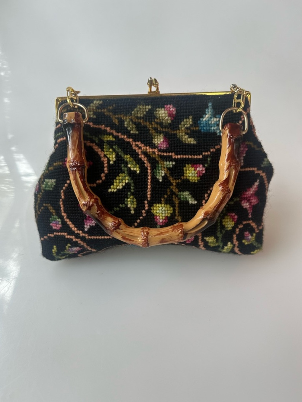 Black Floral Needlepoint Handbag with detachable Bamboo Handle
